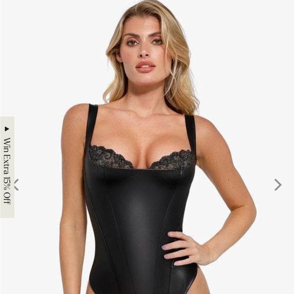 Faux Leather Lace Balconette Sculpting Bodysuit black and gold